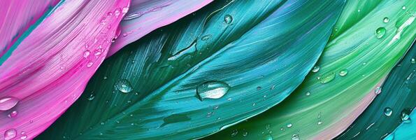 Vibrant rainbow feathers with water droplets highlighting a colorful close-up photo