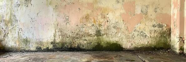 Weathered and aged wall with peeling paint and moss in abandoned building photo