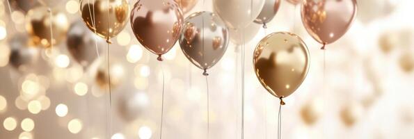 Elegant array of gold and white balloons against a glittering bokeh background photo