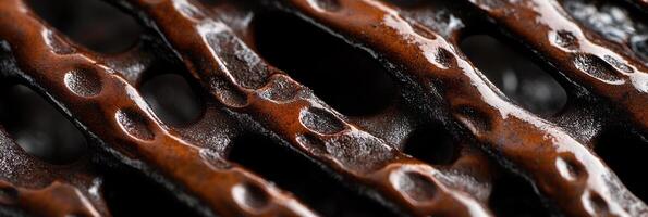 Close-up texture of caramelized waffle surface with rich brown glaze patterns photo