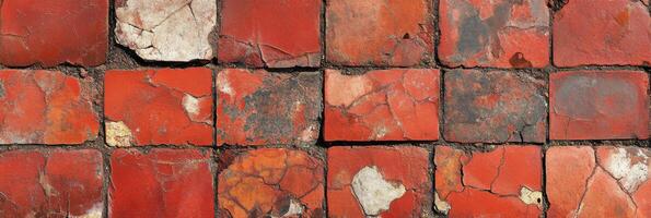 Weathered red brick tiles with cracks and texture in a rustic pattern photo