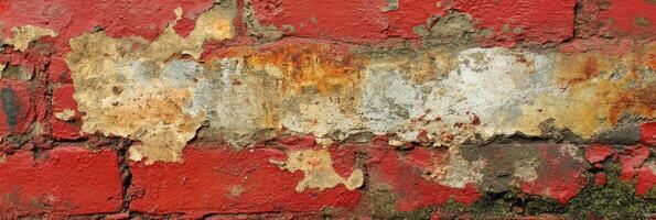 Weathered red brick wall with peeling paint and textures in urban setting photo