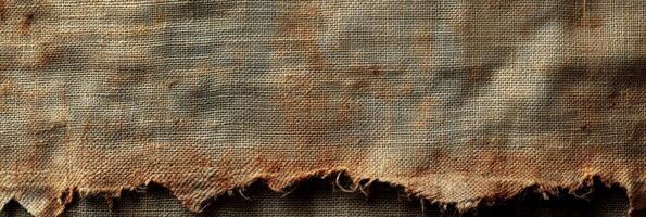 Torn and weathered burlap fabric with frayed edges and rustic texture photo
