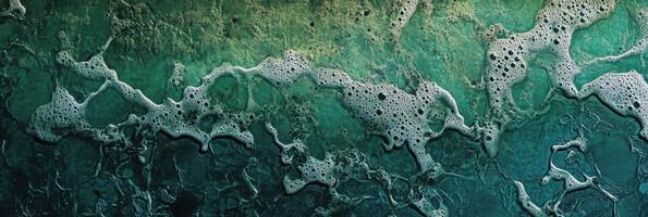 Aerial view of ocean waves and foam creating abstract patterns on green water surface photo
