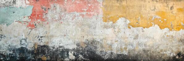 Textured vintage wall with peeling paint in colorful layers of yellow and red photo