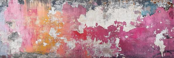 Abstract weathered wall texture with peeling paint in vibrant pink and orange hues photo