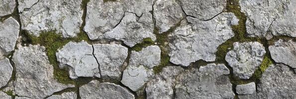 Close-up view of weathered stone wall with moss growing in crevices photo