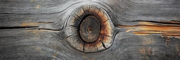 Close-up view of weathered wooden texture with prominent knotted grain pattern photo