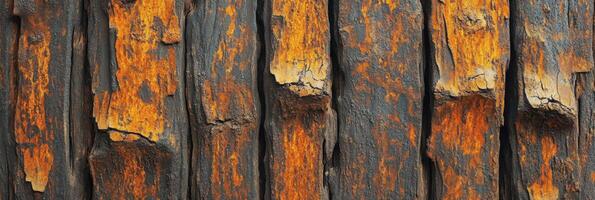 Close-up texture of weathered wood with orange and brown striations photo