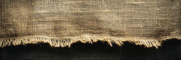 Rough textured burlap fabric with frayed edges in rustic natural tones photo