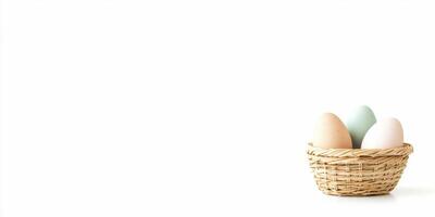 Three eggs in a woven basket on a minimalist white background for easter or farm theme photo