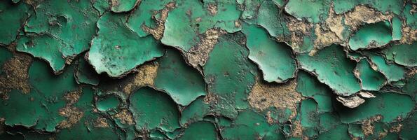 Weathered green paint on rusty metal surface depicts aging and texture concept photo