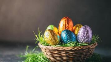 Colorful foil-wrapped easter eggs in basket on grass symbolizing spring celebration photo