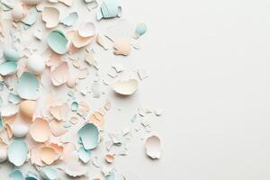 Pastel colored eggshells scattered creatively on a white background photo
