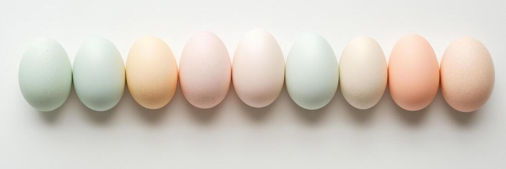Row of nine pastel colored easter eggs on white background symbolizing spring photo
