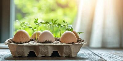 Growing seedlings in eggshell planters on a sunny windowsill concept of home gardening photo