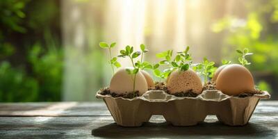 Eggshell planters with green seedlings in garden setting in daylight photo