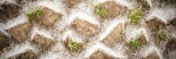 Snow-dusted cobblestone pattern with emerging grass patches in winter photo
