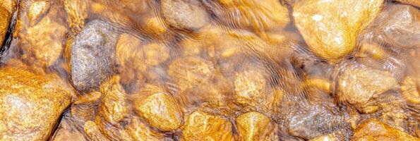 Golden river rocks under shimmering clear water flow in a natural stream photo