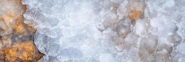 Ice and rock texture with brown stone on side for natural background concept photo