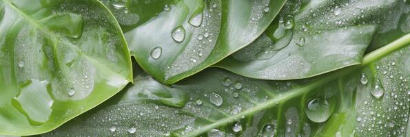 Close-up of fresh green monstera leaves with water droplets in nature setting photo