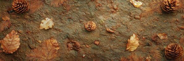 Autumn forest ground with pine cones, fallen leaves, and pine needles texture photo