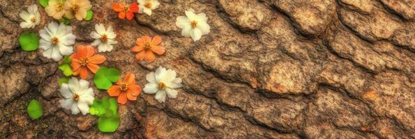 Vibrant floral arrangement on textured bark with orange and white blooms photo