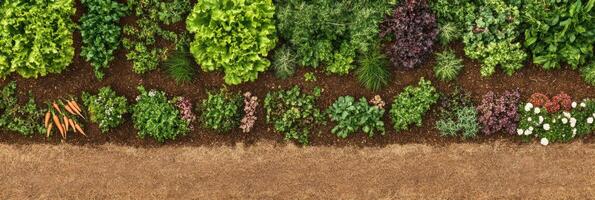 Aerial view of diverse vegetables and lush greenery in a vibrant garden landscape photo