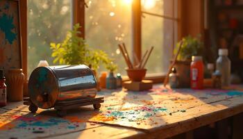 A table with a paint can and a paintbrush on it photo