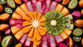 A circular arrangement of sliced fruit on a black background photo