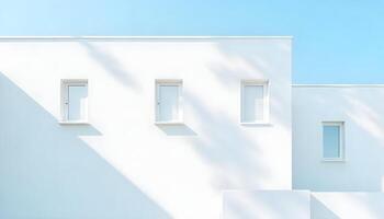 A white building with three windows and a blue sky photo