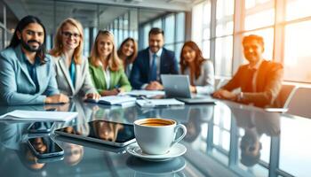 A group of business people sitting around a table with a cup of coffee photo