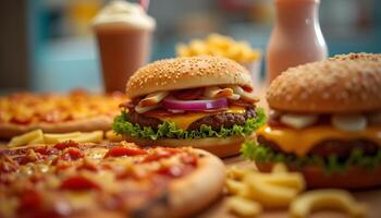 A hamburger, cheese and onion pizza and a drink photo