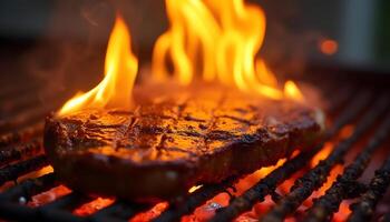 A steak is being cooked on a grill with flames photo