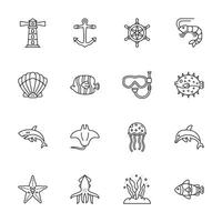A set of black and white icons of sea creatures and objects vector
