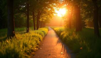 A path in the middle of a green field with trees photo