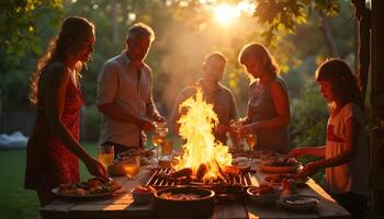 A group of people around a fire pit in the backyard photo