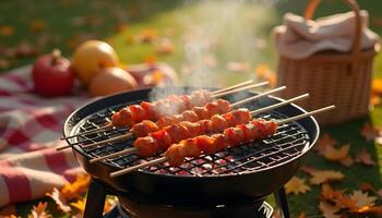 A barbecue grill with food on skewers photo