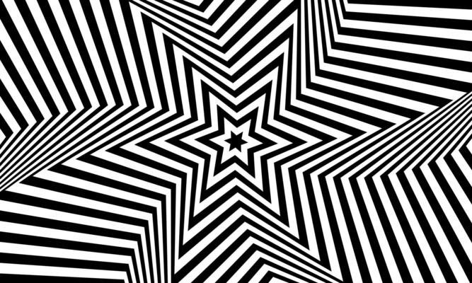 Optical illusion white star tunnel on black background. gradient twisted spirals. retro style burst.
