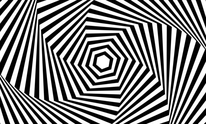 Psychedelic spiral pattern in vibrant black and white colors. Hypnotic spiral. retro rotating pattern.