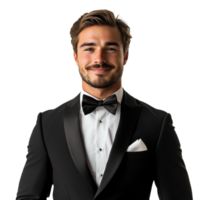 Elegant man in a black tuxedo with a modern slim fit, isolated on transparent background png