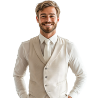 Elegant man in a white tuxedo with a classic bow tie, isolated on transparent background png