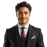 Confident young man in a dark suit with a red tie smiling, isolated on transparent background png