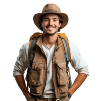Smiling adventurer in a khaki vest with a backpack, isolated on transparent background png