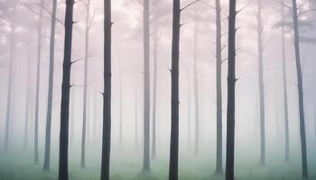 A forest with tall trees in the fog photo