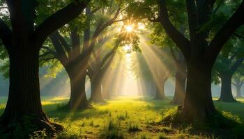 Sunlight shining through trees in a green forest photo