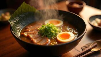 A bowl of ramen with meat and eggs photo