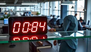 A red digital clock on a glass table in an office photo