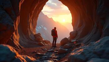 A man is standing in front of a cave with the sun setting behind him photo
