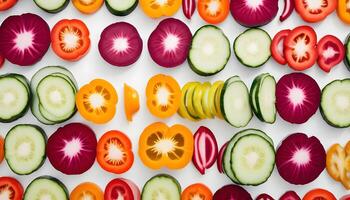 A variety of sliced vegetables arranged in a circle photo